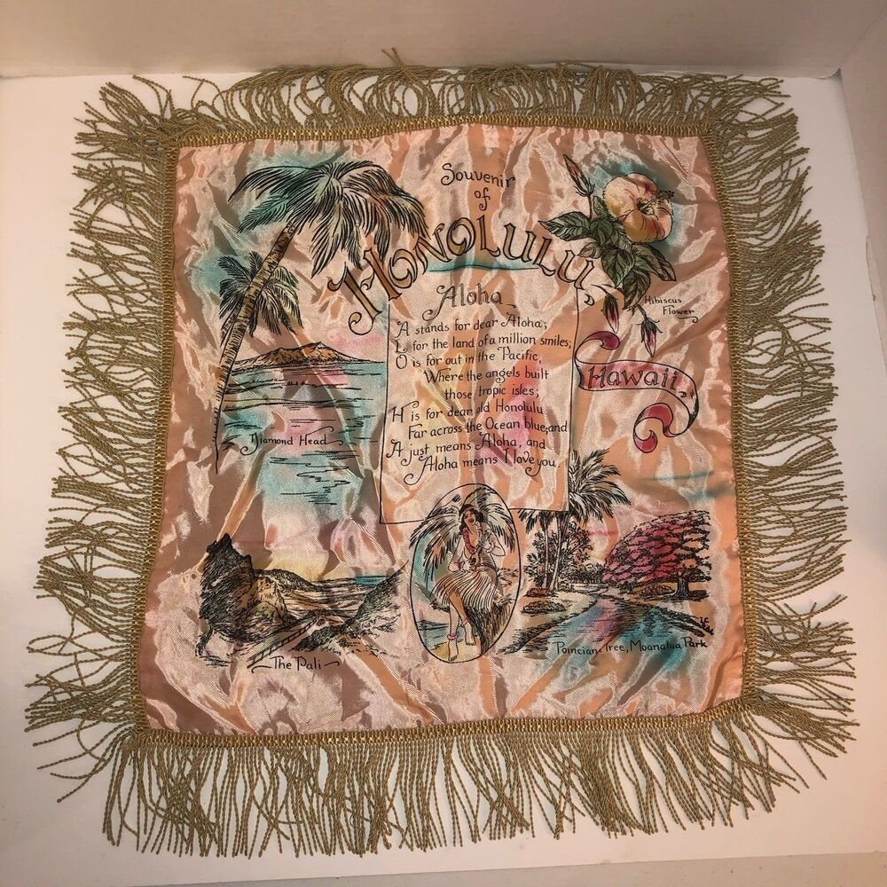 Vintage Honolulu Hawaii Satin Souvenir Pillow Cover Fringe Aloha Mid Century